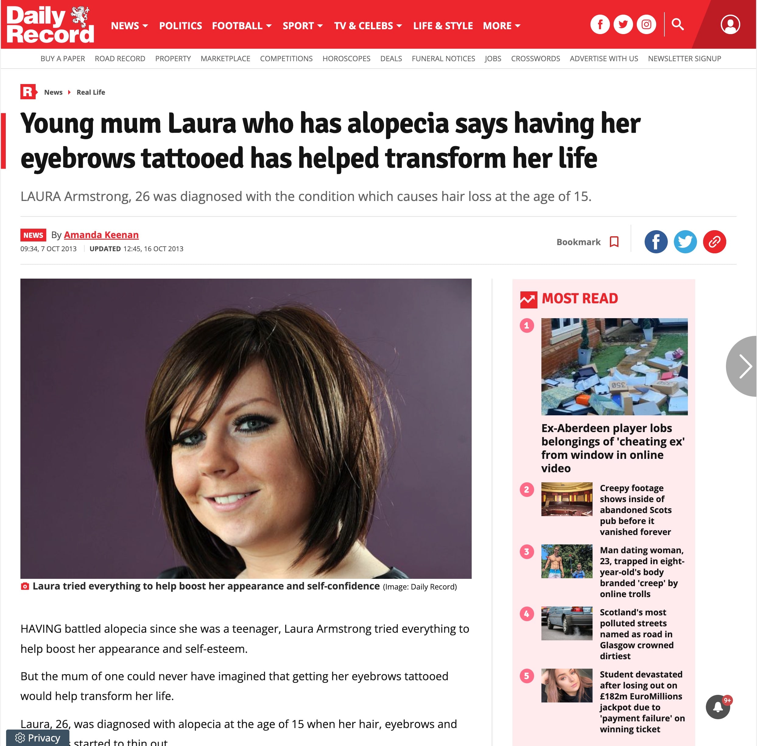 Screenshot of website article about Laura Armstrong